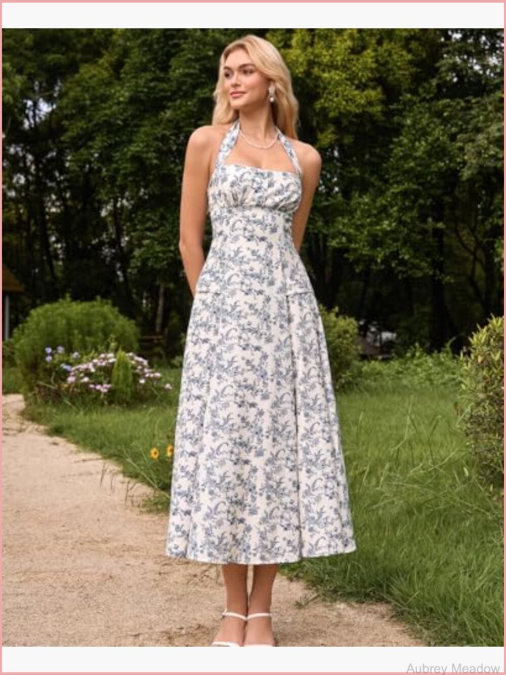 Floral Halter Corset Midi Dress Flowy A-Line Bow Tea Party - Picture 2 of 7